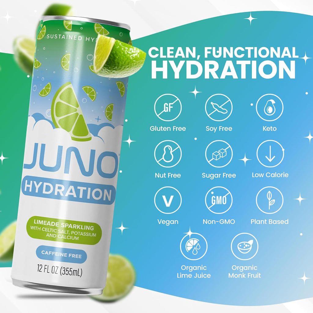 JUNO HYDRATION Drink Limeade Sparkling - Sugar Free Electrolytes, Organic Monk Fruit & Organic Lime Juice, Hydrating with Celtic Salt, Potassium, Calcium - Premium Beverage, 12 Pack