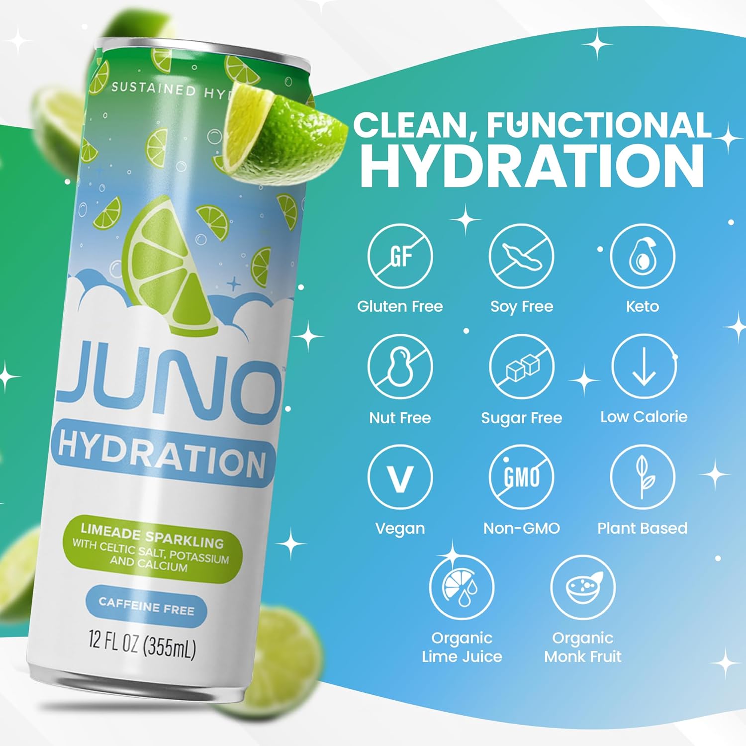 JUNO HYDRATION Drink Limeade Sparkling - Sugar Free Electrolytes, Organic Monk Fruit & Organic Lime Juice, Hydrating with Celtic Salt, Potassium, Calcium - Premium Beverage, 12 Pack