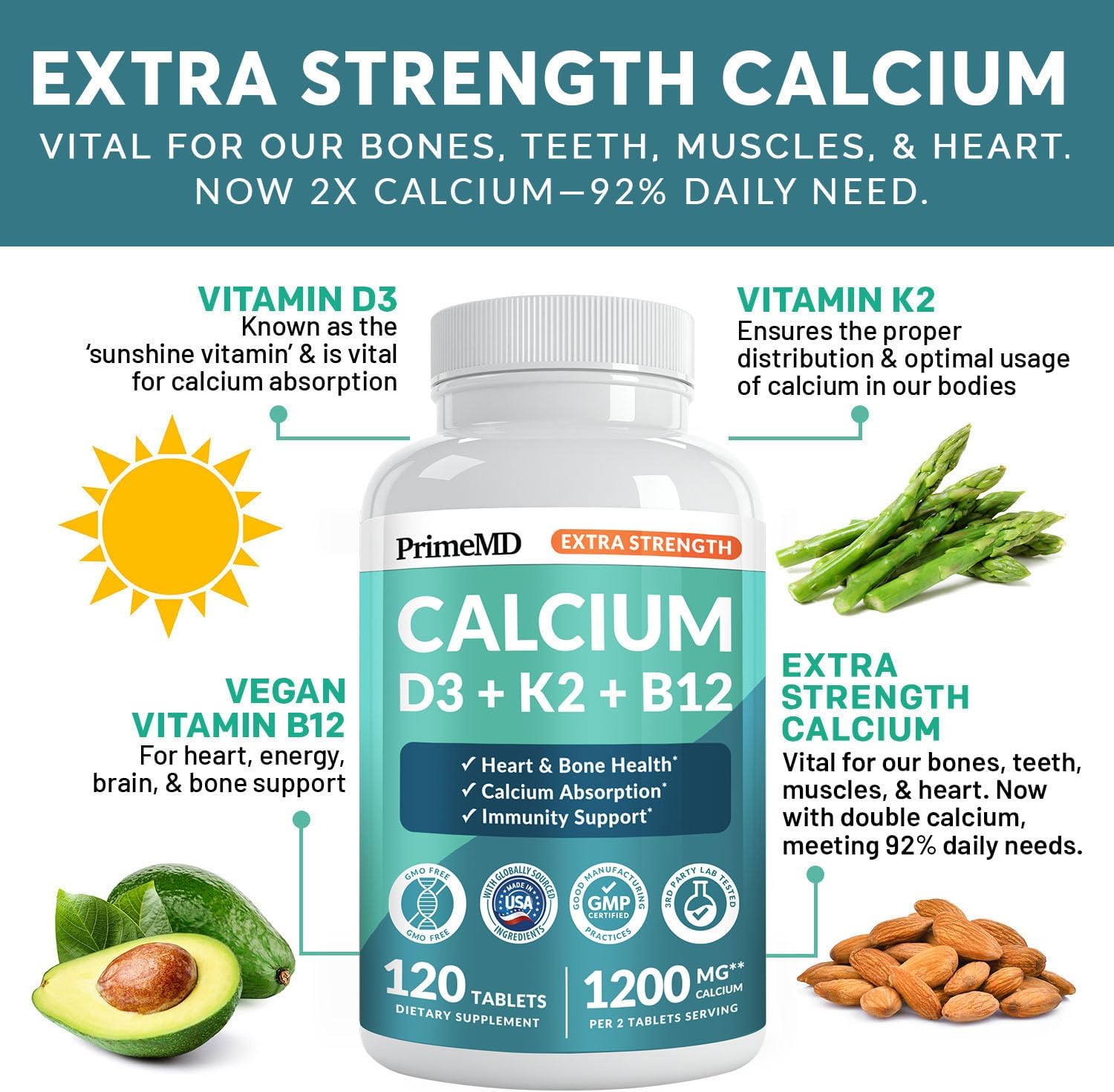4-in-1 Calcium 1200 mg With Vitamin D3 Supplements for Women and Men - Calcium Extra Strength with Vitamin D3 K2 5000 IU Supplement,1200 mg per serving -Free - Vegan-Friendly (120 count) (Pack of 1)