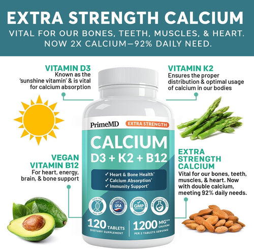 4-in-1 Calcium 1200 mg With Vitamin D3 Supplements for Women and Men - Calcium Extra Strength with Vitamin D3 K2 5000 IU Supplement,1200 mg per serving -Free - Vegan-Friendly (120 count) (Pack of 1)