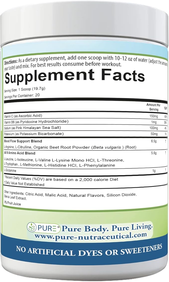 PURE Amino+ Drink Mix, Fruit Splash, 9 Essential Amino Acids, L-Arginine, L-Citrulline, 501g, 30 Servings, Premium Wellness Supplement
