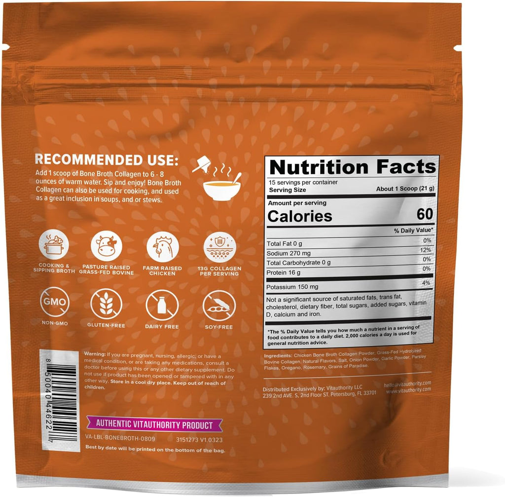 Vitauthority Bone Broth Collagen Delicious Chicken Noodle Flavored - Packed with 16g of Protein & Types I, II, III - Nourishes Skin, Hair, Nails, Joints, & Gut - Beef BoneBroth