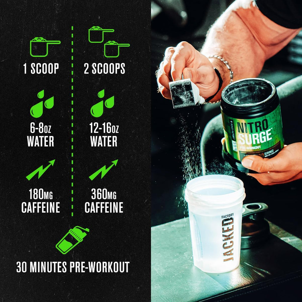 Jacked Factory NITROSURGE Pre Workout Supplement - Endless Energy, Instant Strength Gains, Clear Focus, Intense Pumps - NO Booster & Powerful Preworkout Energy Powder - 60 Servings, Arctic White