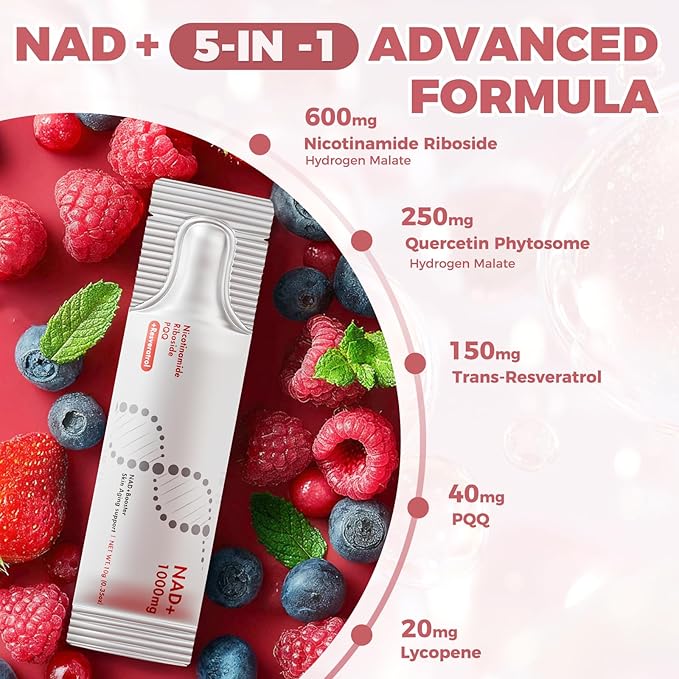 NAD+ Liquid Supplement 1000mg 30 Sachet, Nicotinamide Riboside & Resveratrol with PQQ DNA Repair Advanced NAD Supplement for Men & Women,Boosts Cellular Energy