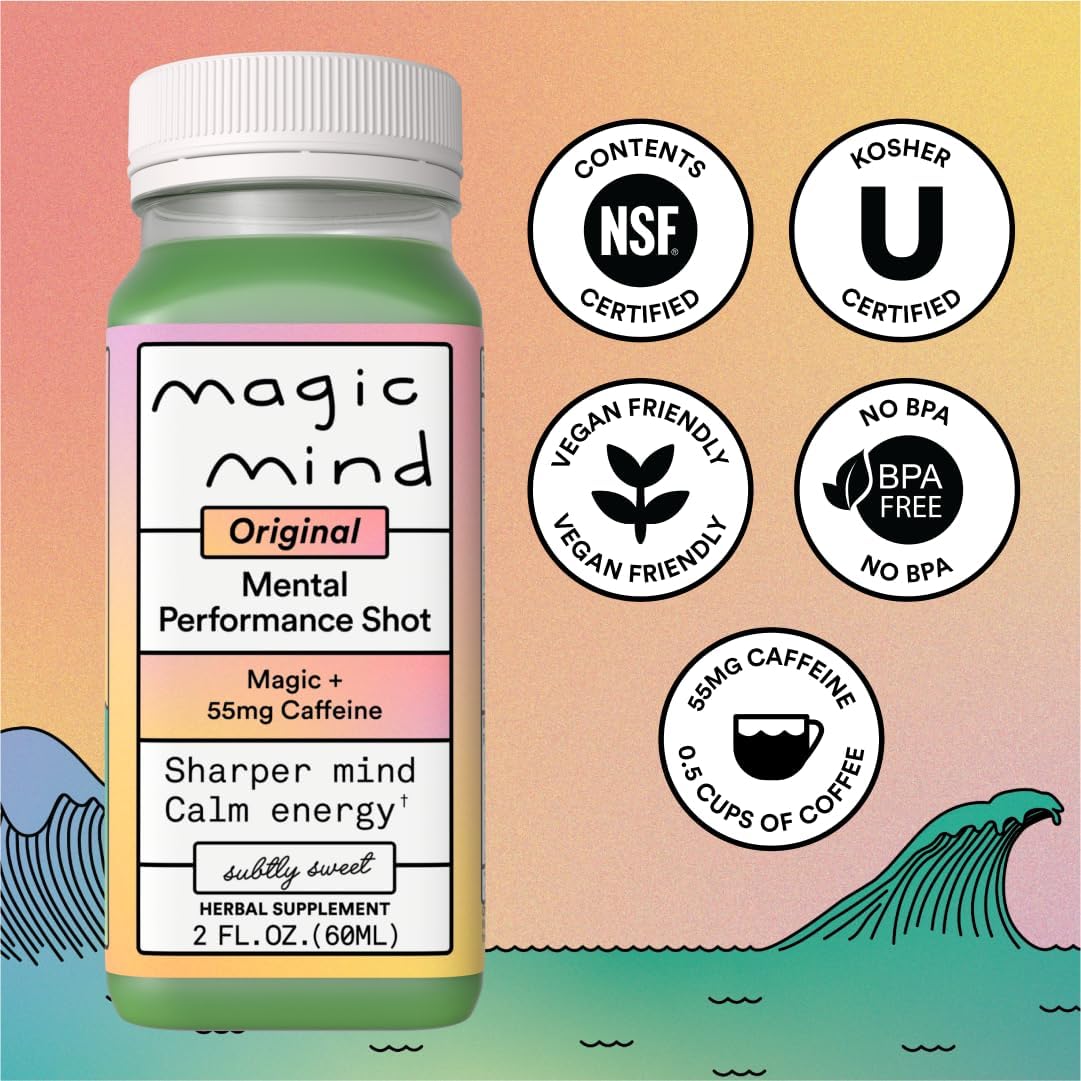 Magic Mind Energy And Focus Drink Shots - Stress Relieving, No Jitters, Ashwagandha, Vitamin B12, Vitamin C, Matcha Green Tea, Functional Mushrooms - 2 FL Oz (15 Pack)