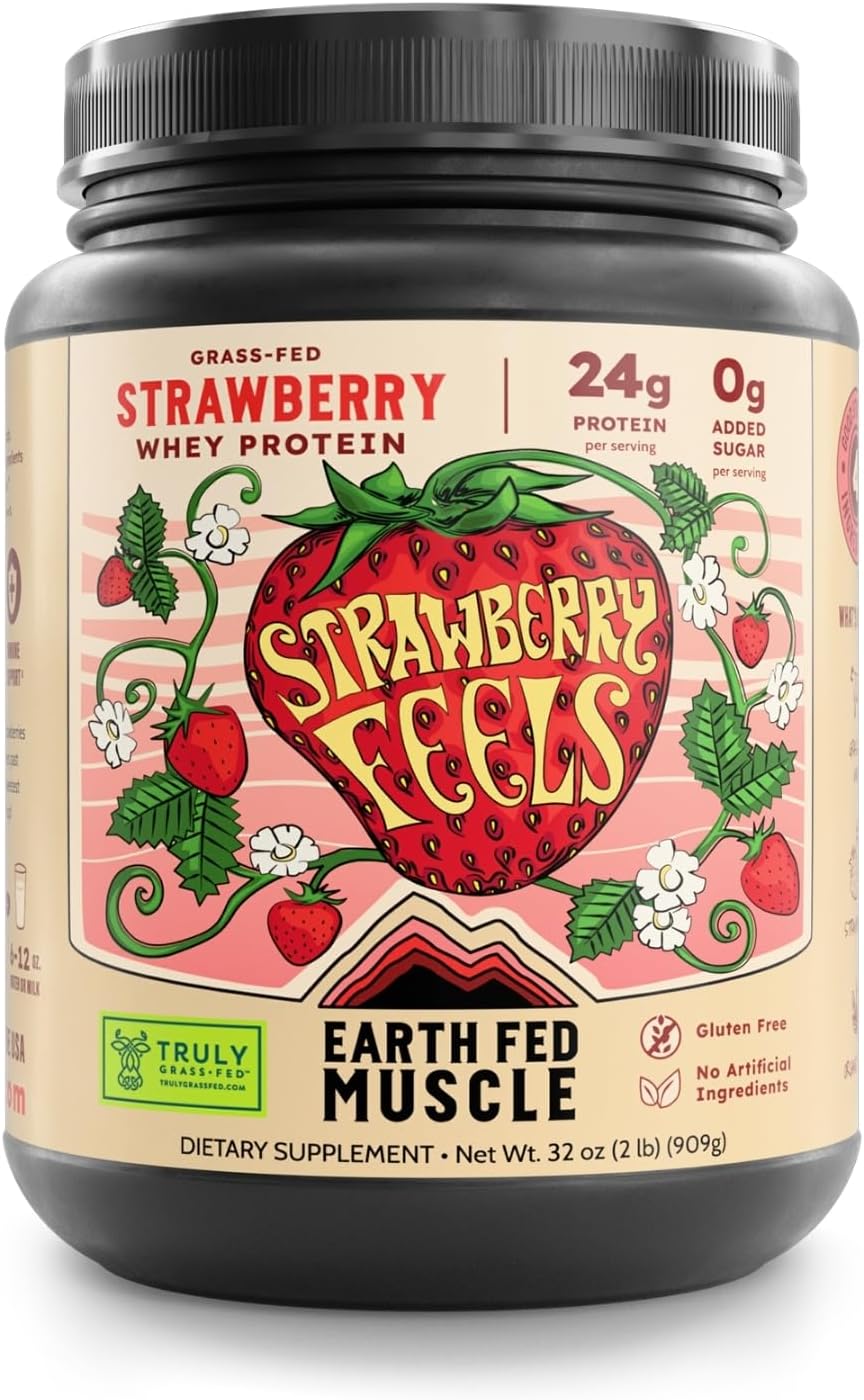 Earth Fed Muscle Strawberry Feels (Forever) – Irish Truly Grass‑Fed Whey Protein Isolate, No Sugar, Soy‑Free, Gluten‑Free (2 lb, 29 Servings, Strawberry)