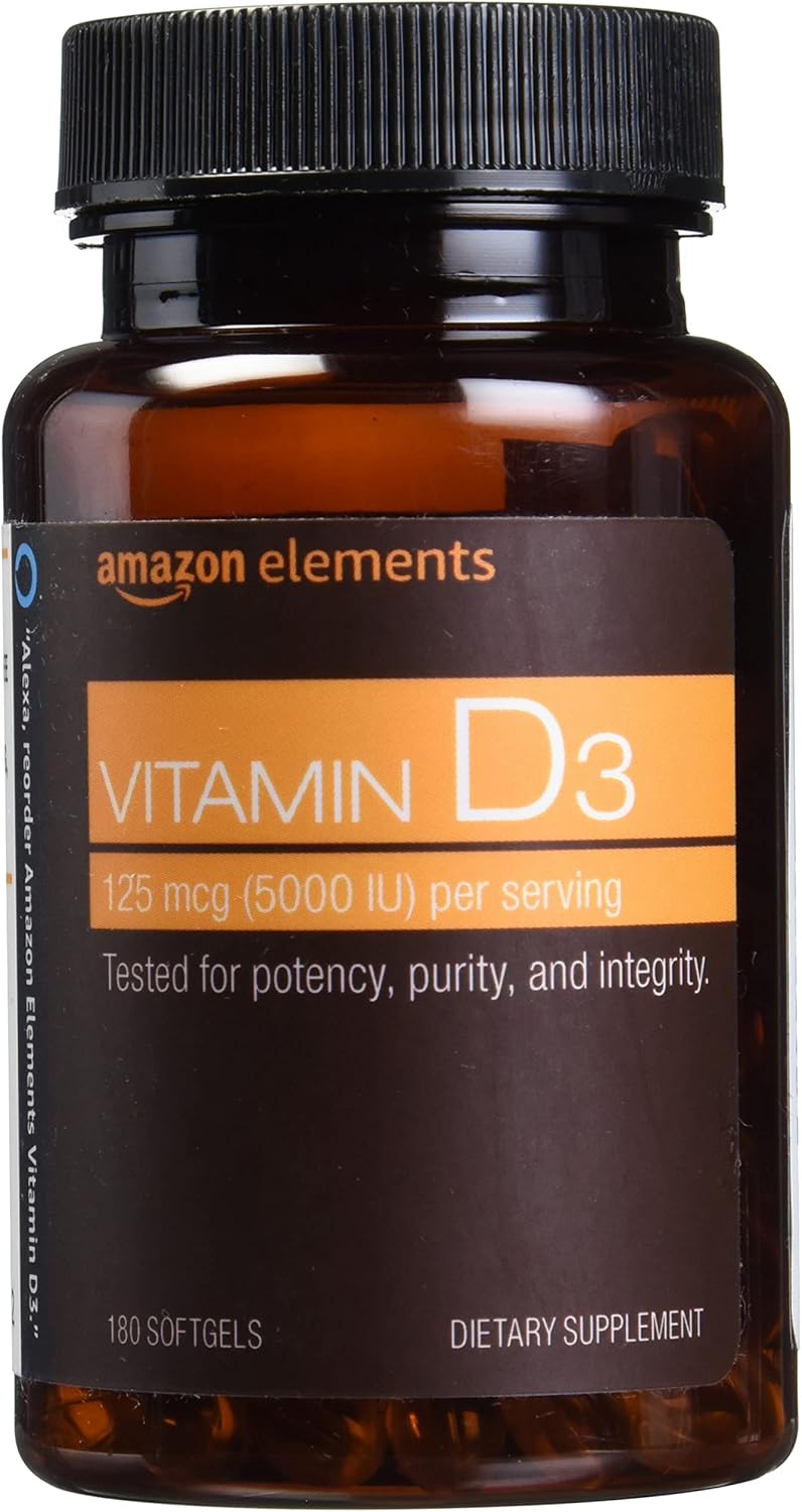 Amazon Elements Vitamin D3, 5000 IU, 180 Softgels, 6 month supply