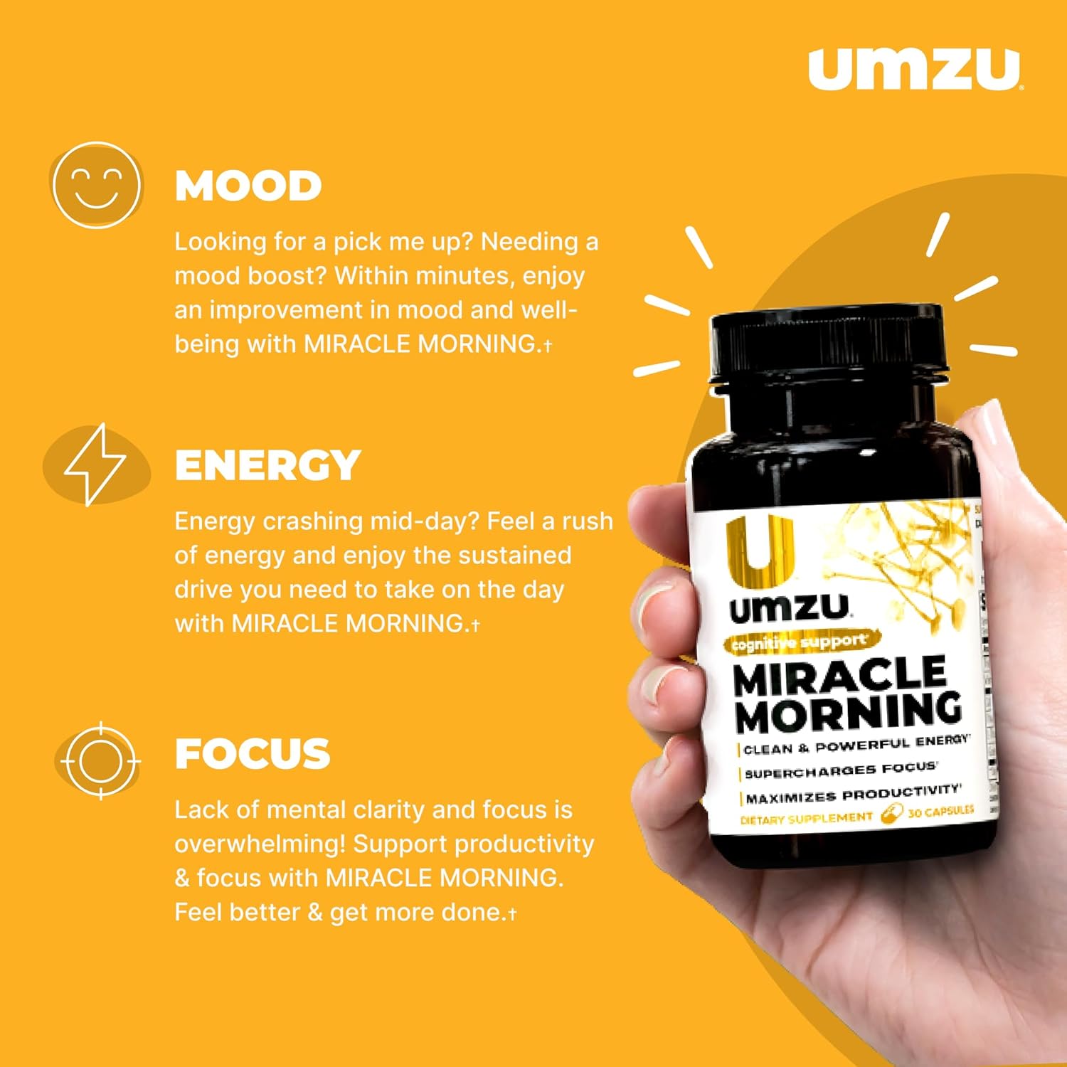 UMZU Miracle Morning Energy Supplement with Caffeine & Energy Enhancers | 150mg of Caffeine Supports All Day Focus, Productivity & Mood (30 Day Supply | 30 Capsules)