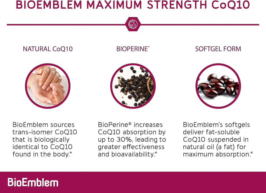 BioEmblem CoQ10 with BioPerine - 200mg Softgels, High Absorption - Coenzyme Q10 Antioxidant for Energy Production, Heart Health - Natural Form, Non-GMO CoQ10 Supplement - 90 Count