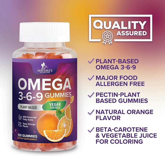 Omega 3 6 9 Gummies - Vegan Omega 3 Supplement Gummy - Essential Fatty Acids Oil 369 Complex Heart Support & Brain Support for Women, Men & Pregnancy, Fish Free Non-GMO, Orange Flavored - 120 Gummies