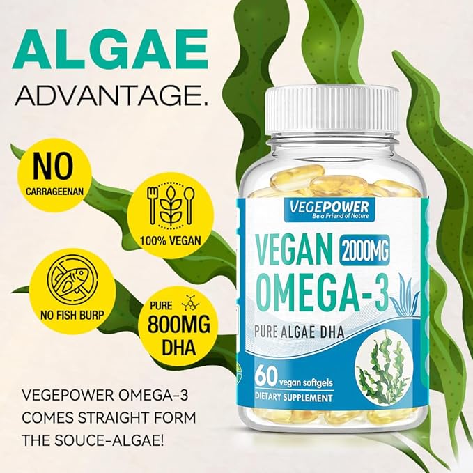 Vegan Omega 3 DHA Supplement - Algae Oil, Plant Based DHA 800mg, Carrageenan Free, Replacement for Fish Oil, Supports Heart, Brain, Joint Health - 60 Softgels
