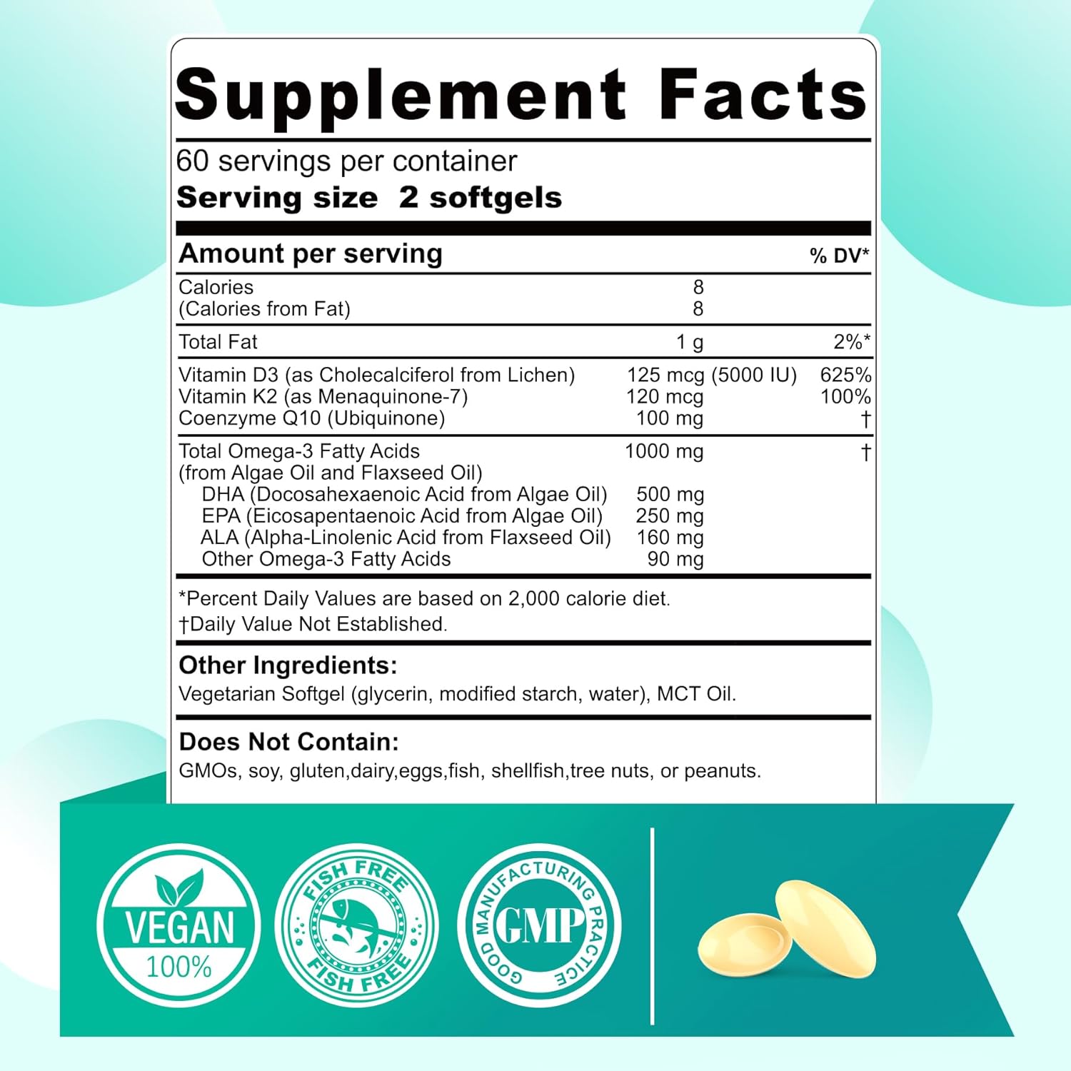 Vegan Omega 3 DHA EPA ALA Supplement with 5000IU Vitamin D3 K2 (MK7), CoQ10 for Women Men | Fish Oil Alternative | Plant Based Algae Oil Omega 3 1000mg Pills for Bone, Brain, Eye, Skin | 120 Softgels