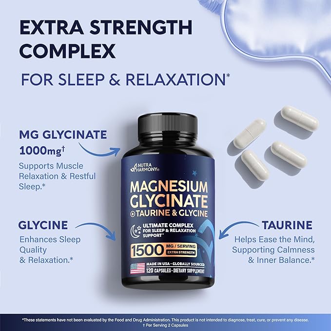 Magnesium Glycinate - Sleep & Relaxation Support - Extra Strength Glycinate, Glycine & Taurine 1500 mg - Magnesium Supplement for Women & Men - Chelated & High Absorption - Made in USA - 120 Capsules