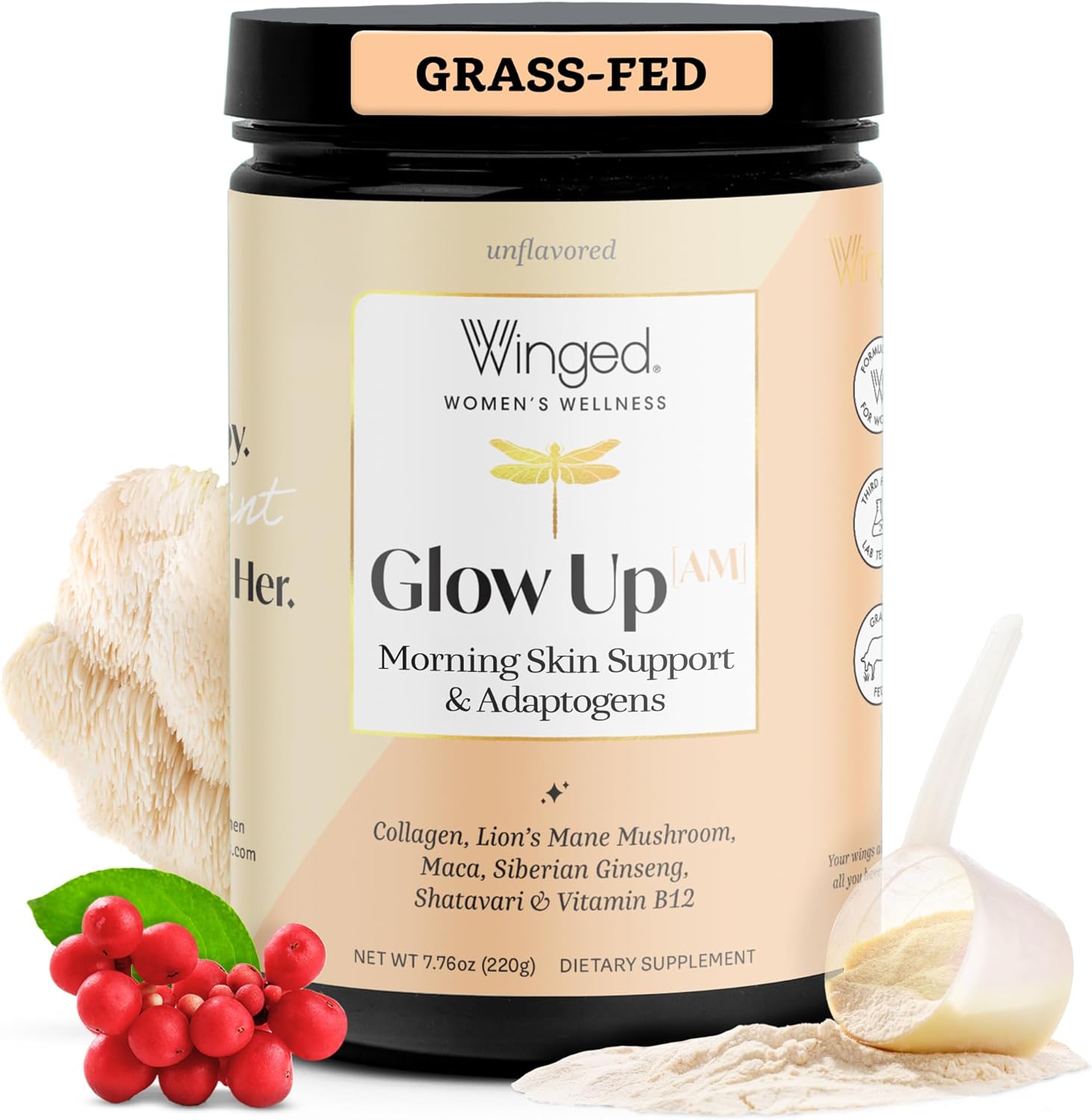 Winged Wellness Glow Up AM, Collagen Powder for Women - Morning Beauty Supplement for Glowing Skin with Grass-Fed Hydrolyzed Collagen Peptides, Lion's Mane & Maca Root - 21 Servings, Unflavored