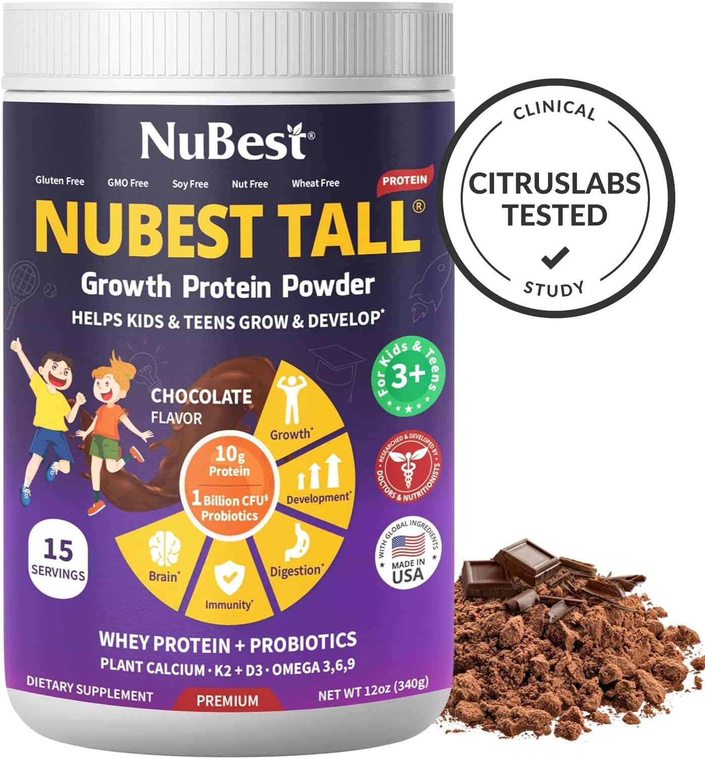 NuBest Tall Protein Powder for Kids & Teens - Chocolate Protein Powder with Red Algae Calcium, Probiotics, Omega 3-6-9, Vitamin D3 K2 & Magnesium from Marine Algae - Bone Strength & Immunity - Pack 2