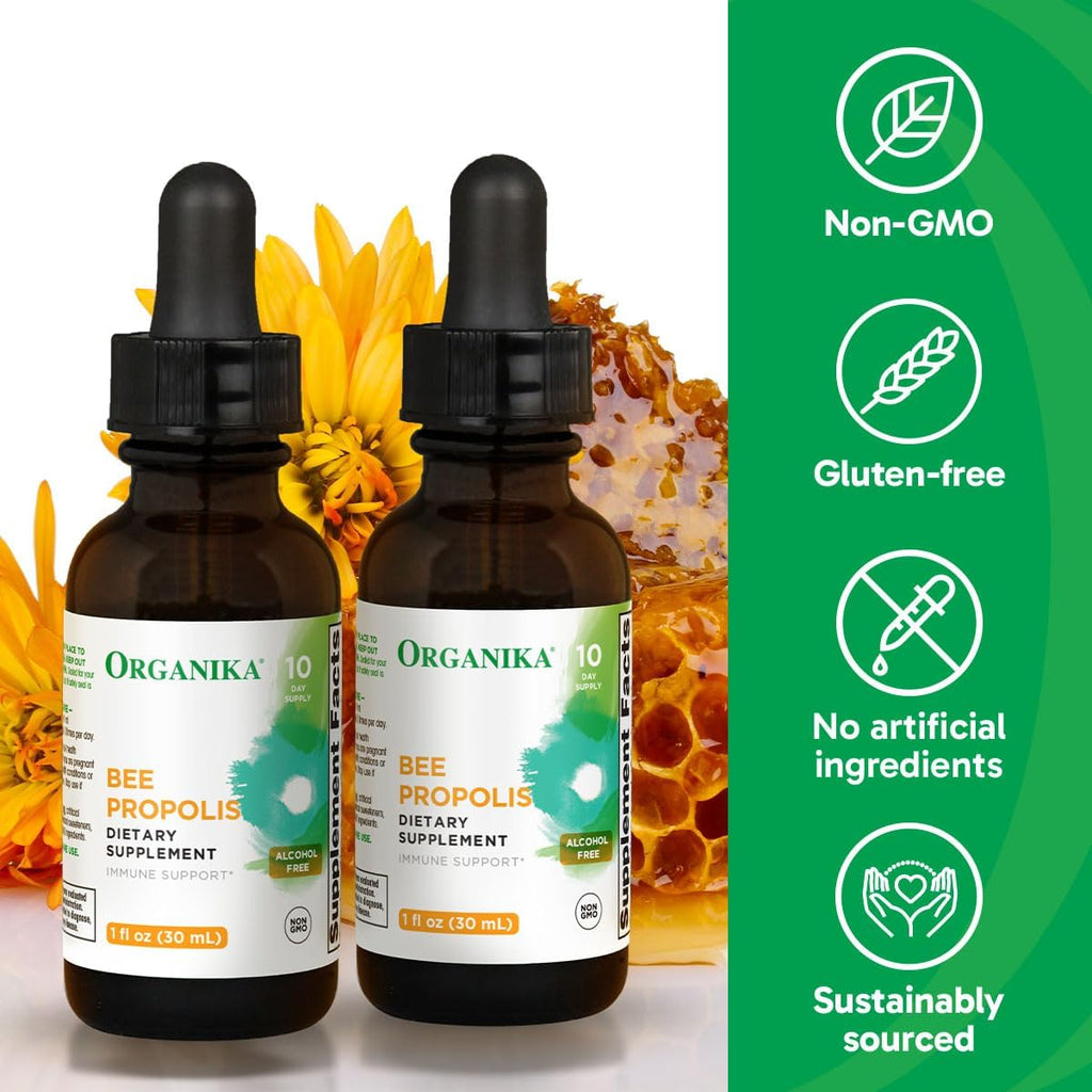 Organika Bee Propolis Tincture 1 oz x 2 Pack: Clean and Vegan Propolis Extract for Immune Defenses, Throat, and Breath - Free of Gluten, GMO, & Artificial Flavors - 20 Day Prop Drops Supply