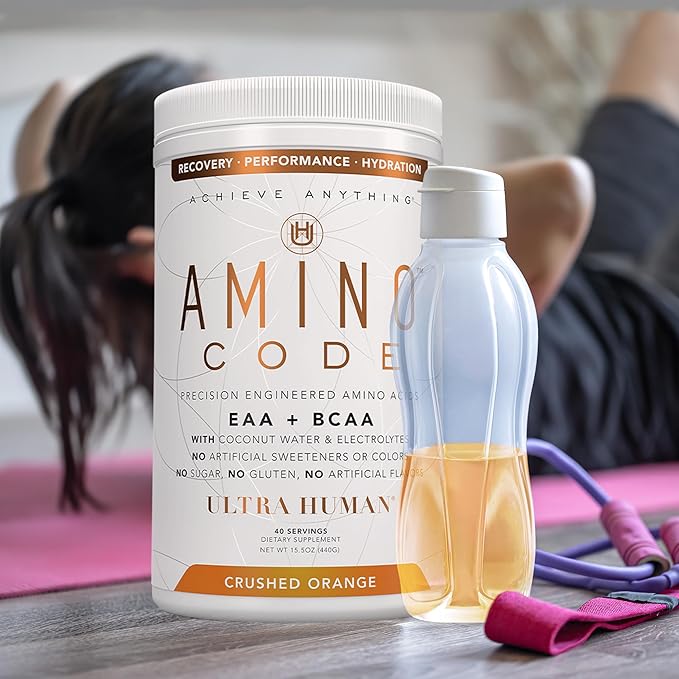 Ultra Human Amino Code | Essential Amino Acids + BCAAs + Coconut Water Electrolytes | Fast Hydration Workout Recovery Flavored Amino Energy Powder Drink | Clean Formula, 40 Servings - Crushed Orange