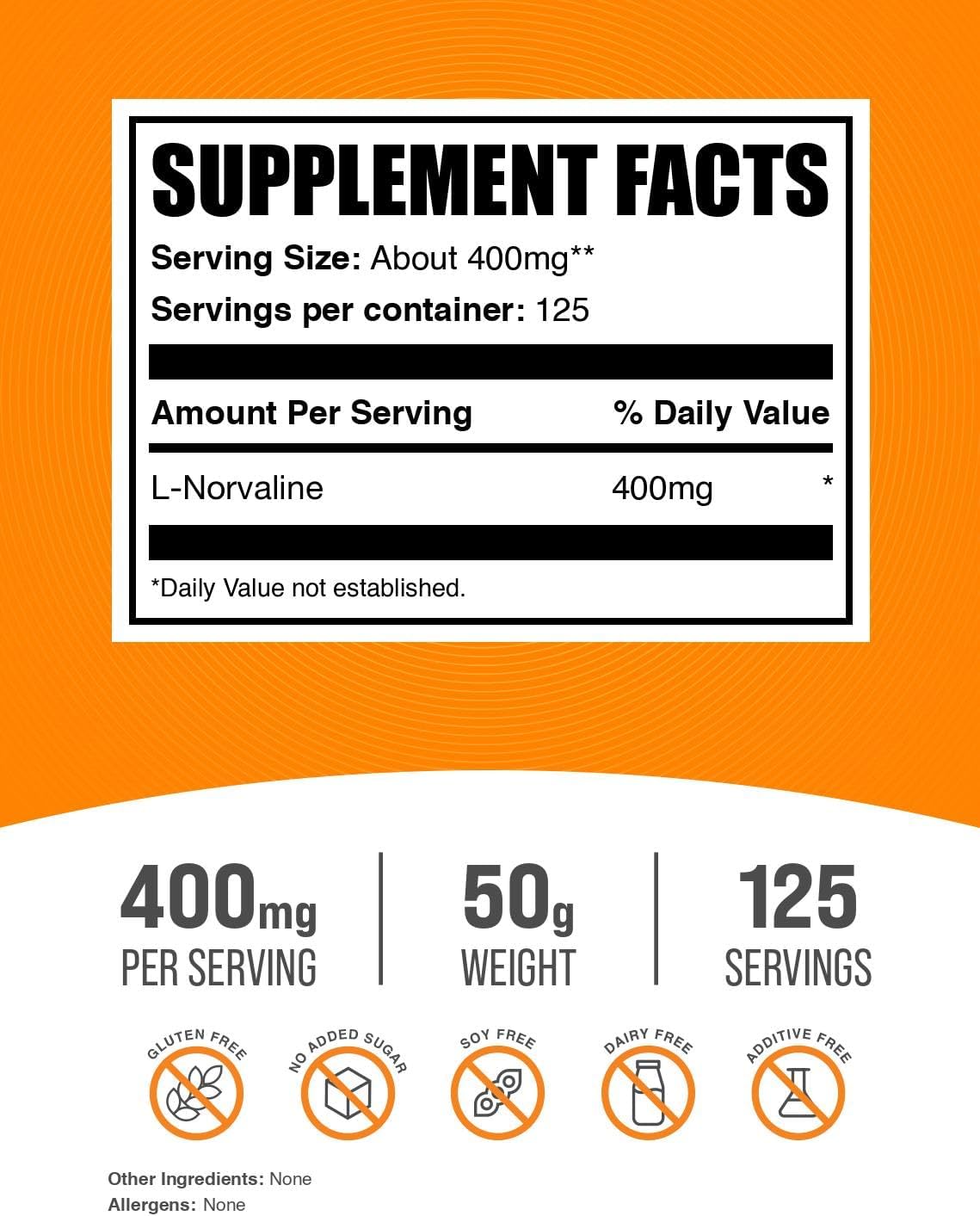 BulkSupplements.com L-Norvaline Powder - L-Norvaline Supplement, Nitric Oxide Supplement - Amino Acid Supplement, Gluten Free, 400mg per Serving, 50g (1.8 oz) (Pack of 1)