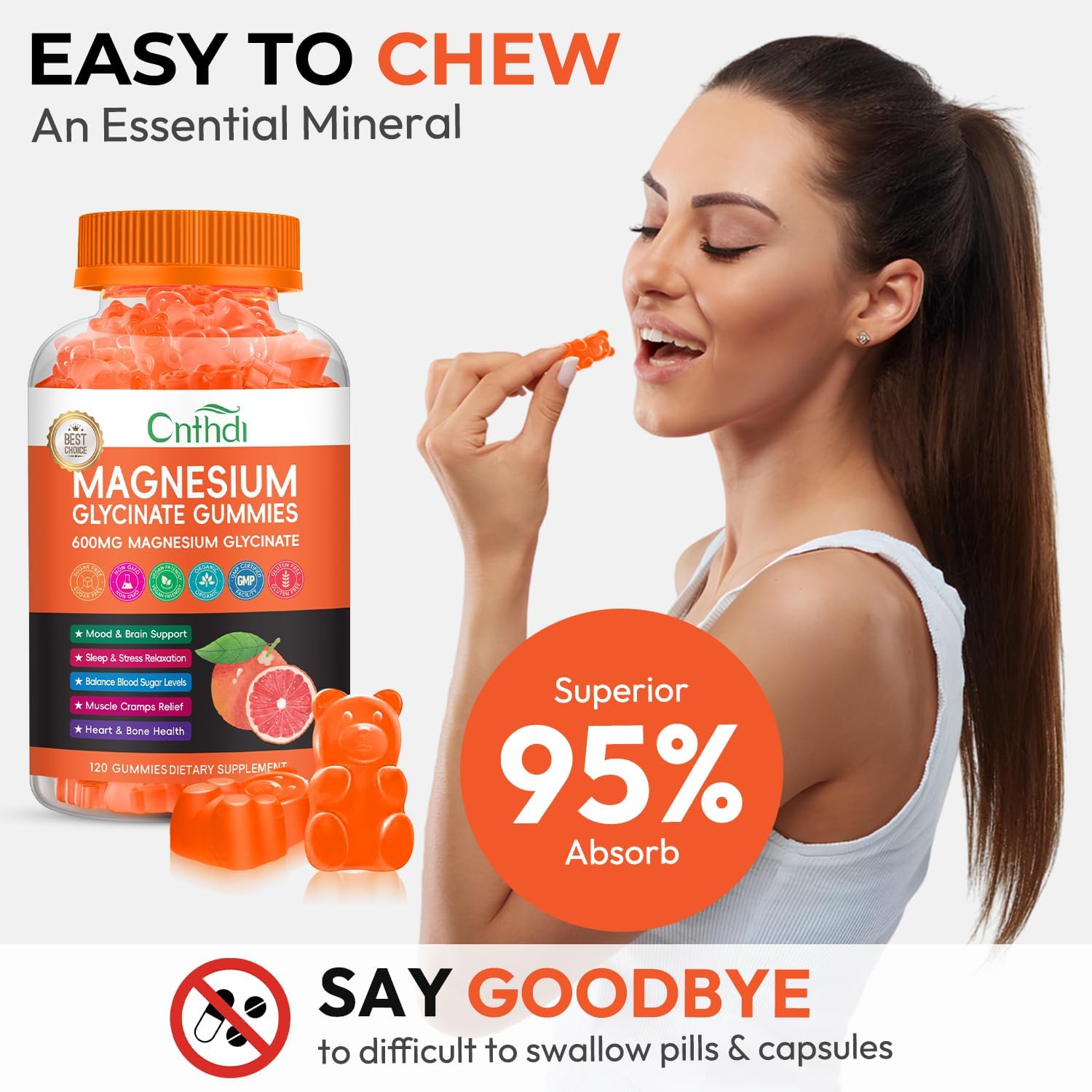 Magnesium Glycinate Gummies for Women & Kids, High Absorption Magnesium Citrate with L-Threonate, Calcium, B6, D3, Chews Gummy, Relaxation, Stress Relief, Night Rest