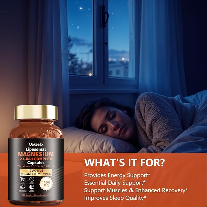 2 Packs Liposomal 12 Active Types Magnesium Complex 1400mg (Glycinate,Citrate,Malate etc) Capsule - with Vitamin D3, B6, B12, Ashwagandha & CoQ10 for Adult-Support Relaxation,Muscle & Heart