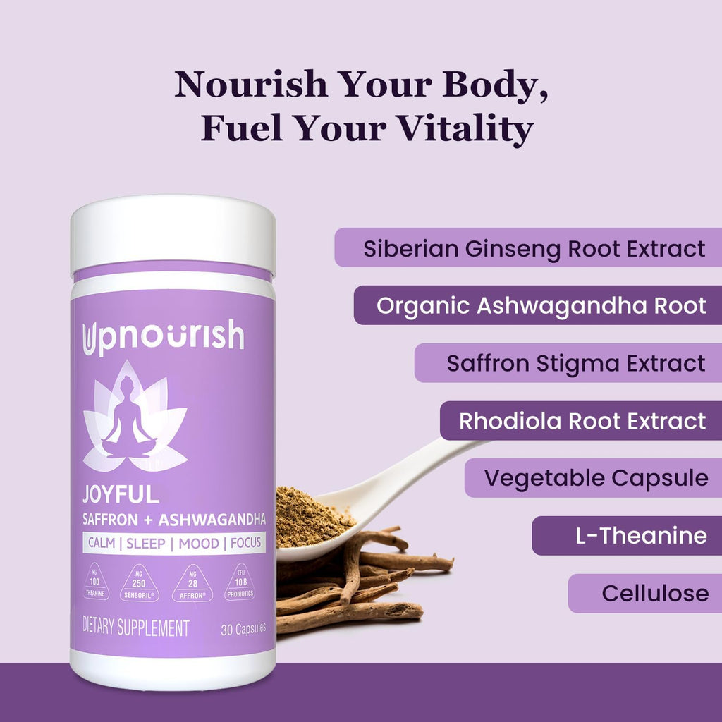 UpNourish Organic Ashwagandha Saffron Supplements with Probiotics - Stress Relief, Mood Enhancer, Calm Happy Pills Support Fatigue Focus Clarity with L-Theanine, Rhodiola, 30 Vegan Capsules