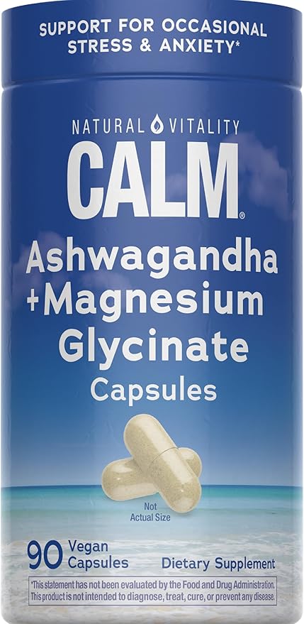 Natural Vitality Calm Ashwagandha + Magnesium Glycinate Capsules | Support for Occasional Stress & Anxiety | Gluten Free Supplement | 90 Count