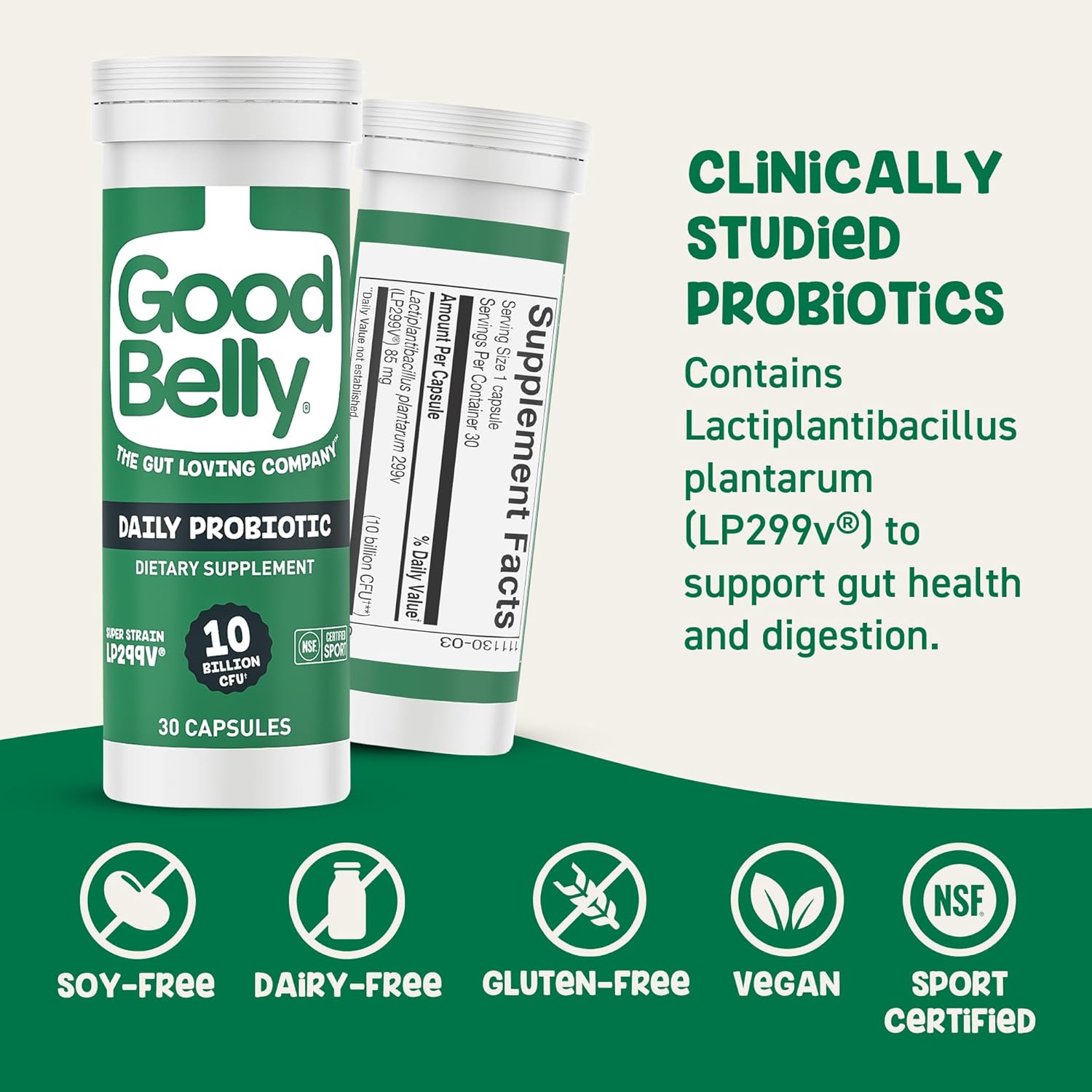 GoodBelly Probiotic Capsules for Digestive Health | Vegan Probiotic Supplement with 10 Billion Live Cultures | Probiotics for Women & Men | 30 Capsules