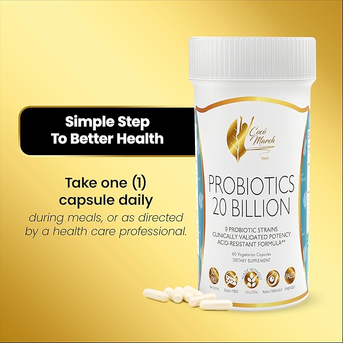 Cocó March N.M.D. Probiotics 20 Billion CFU – Probiotics for Women & Men - Gut Health, Digestive & Immune Support – 9 Probiotic Strains, Acid-Resistant Formula - Gluten Free & Dairy Free, 60 Capsules