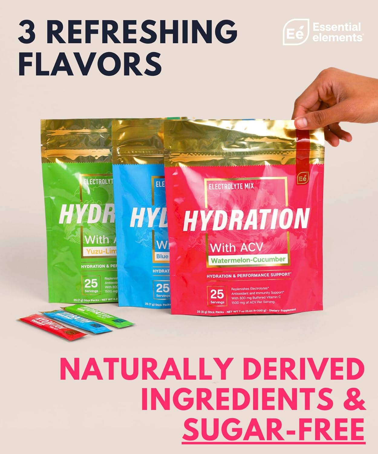 Essential Elements Hydration Packets - Electrolytes Powder Packets Sugar Free - 24 Stick Packs of Electrolytes Powder No Sugar - Electrolyte Water Drink Mix with ACV & Vitamin C - Variety Pack