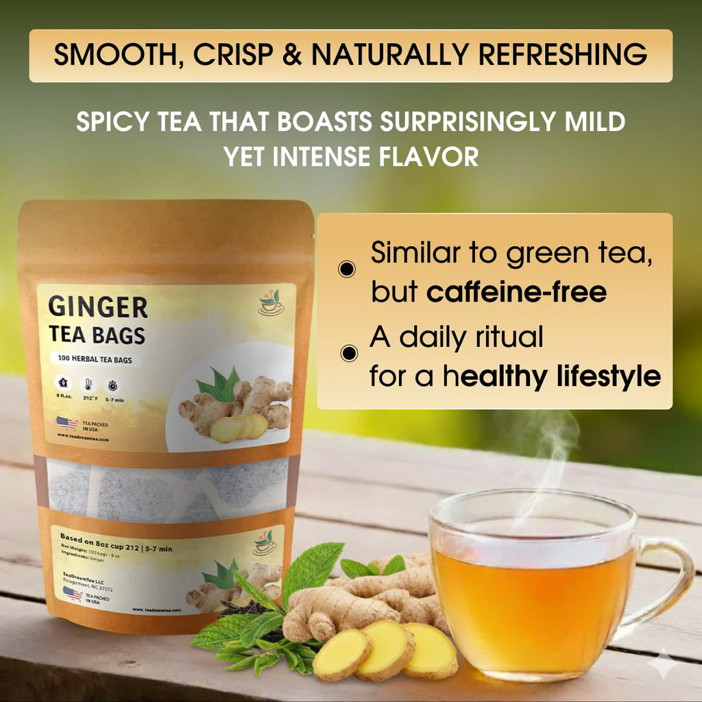 TeaDreamTea Ginger Tea Bags - 100 Bleach-Free Tea Bags | Caffeine Free, Antioxidant, Calms Upset Stomach - Strengthen Immune System - Herbal Ginger Tea