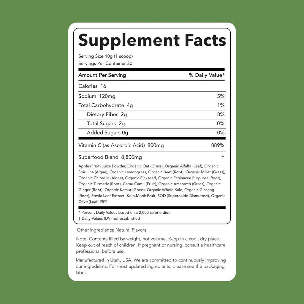 Clean Simple Eats Super Greens Powder, Naturally Flavored Greens Powder with Chlorella, Spirulina, Superfoods & Prebiotic Fiber, No Artificial Ingredients, Gluten Free, Classic Greens Flavor, 30 Srvgs