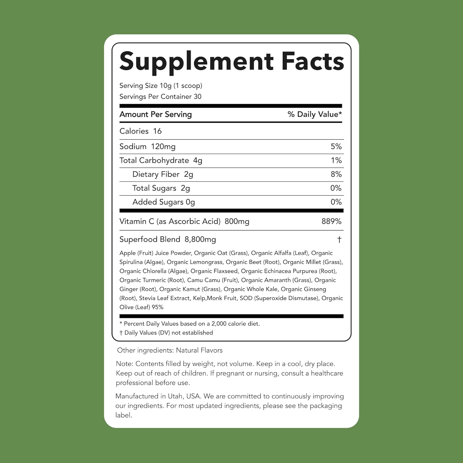 Clean Simple Eats Super Greens Powder, Naturally Flavored Greens Powder with Chlorella, Spirulina, Superfoods & Prebiotic Fiber, No Artificial Ingredients, Gluten Free, Classic Greens Flavor, 30 Srvgs