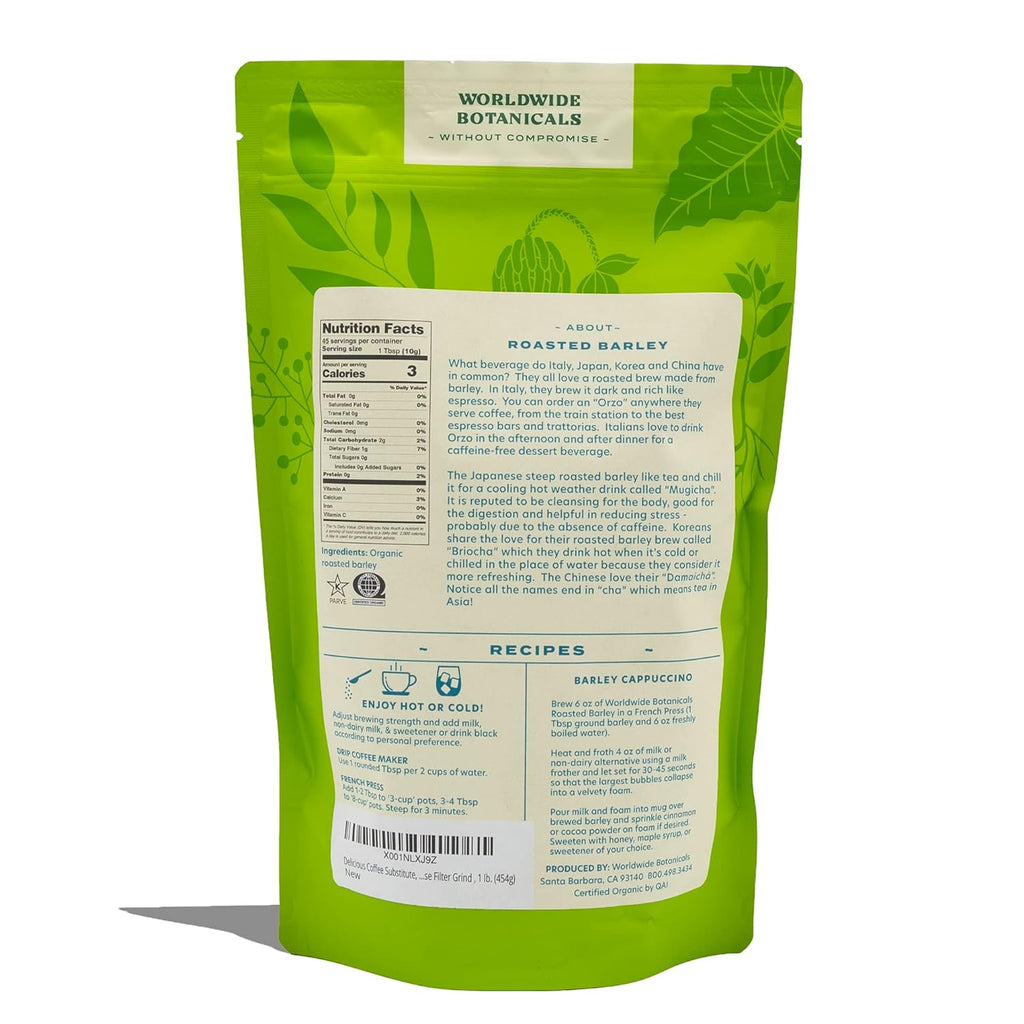 Worldwide Botanicals Organic Barley, Dark Roast – 1 lb –Italy’s Orzo, their Favorite Caffeine-Free Coffee Alternative – Brew Like Coffee – Acid Free, Gluten Free, Kosher, 16 ounces