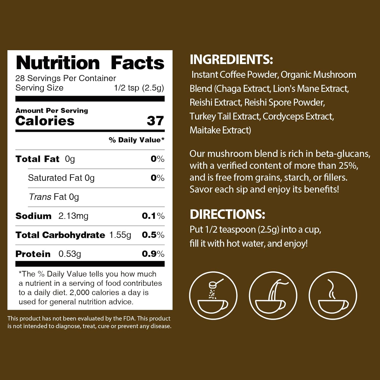 GANOHERB Mushroom Coffee Instant Powder, Medium Roast Arabica Coffee with Lion’s Mane, Chaga, Turkey Tail, Reishi, Maitake, Cordyceps for Focus & Energy, 28 Servings