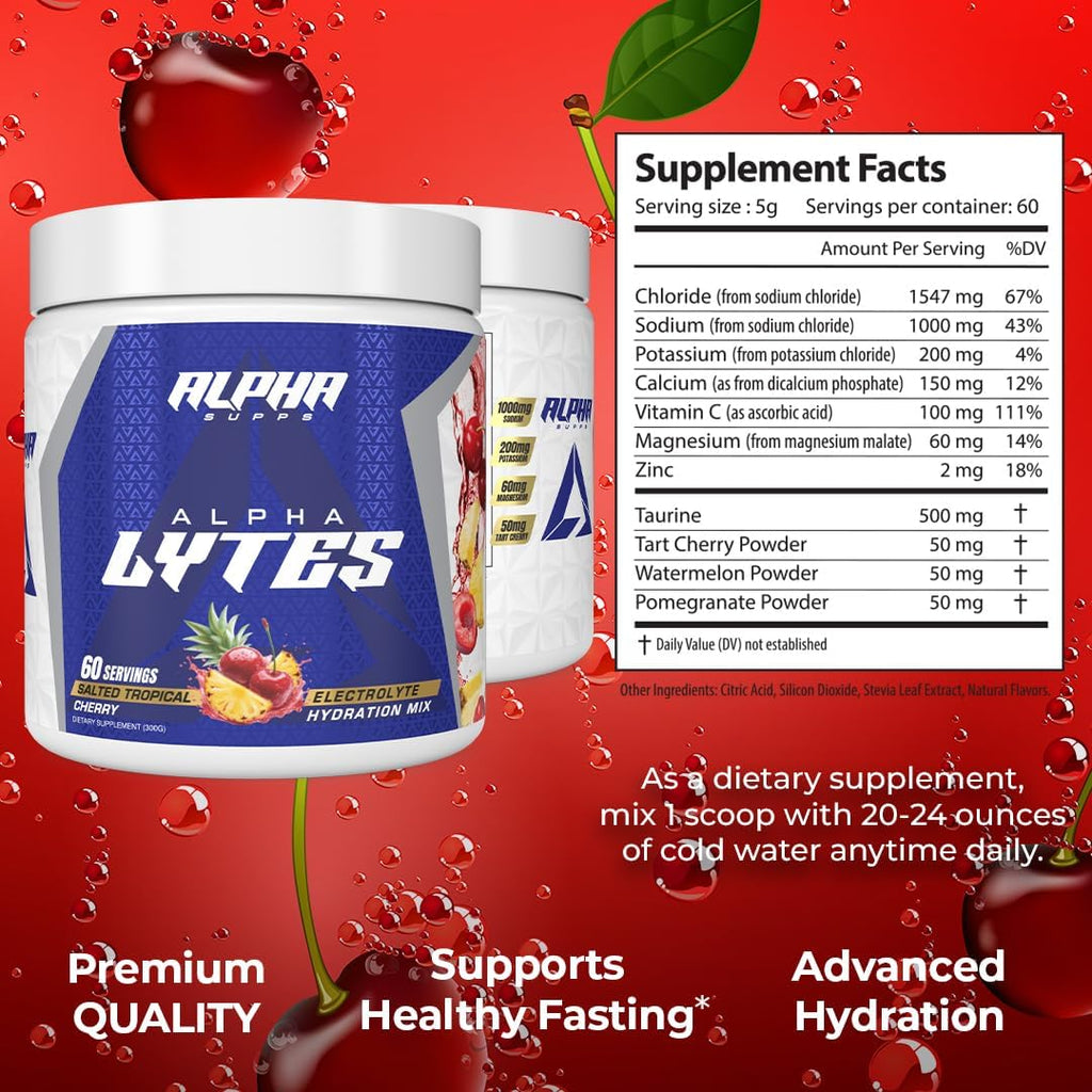 Alpha Lytes - Electrolyte Powder Daily Hydration Drink Mix - Sugar-Free, Zero Calorie Instant Formula with Trace Minerals and Antioxidants (60 Servings, Salted Tropical Cherry)