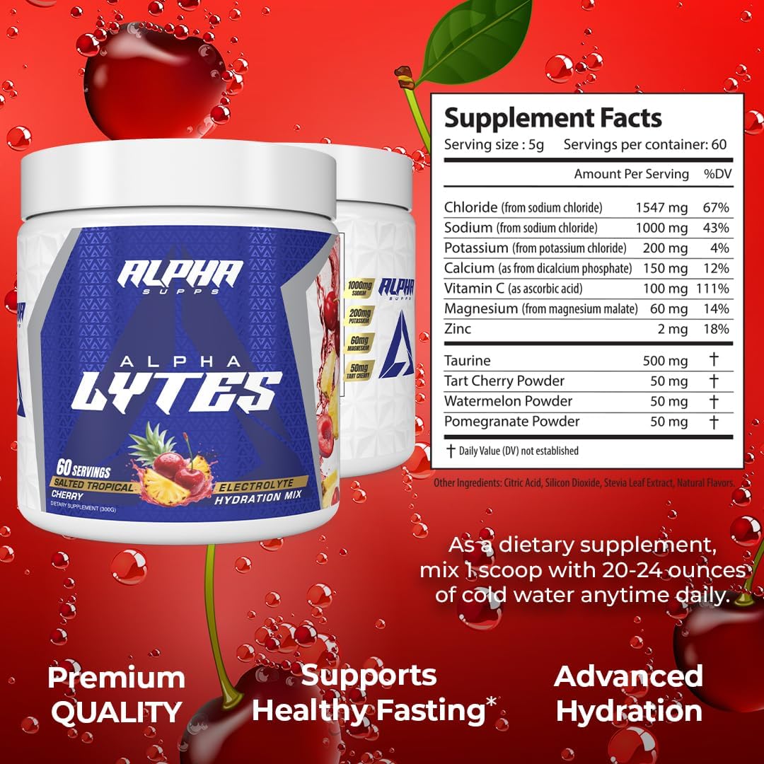 Alpha Lytes - Electrolyte Powder Daily Hydration Drink Mix - Sugar-Free, Zero Calorie Instant Formula with Trace Minerals and Antioxidants (60 Servings, Salted Tropical Cherry)