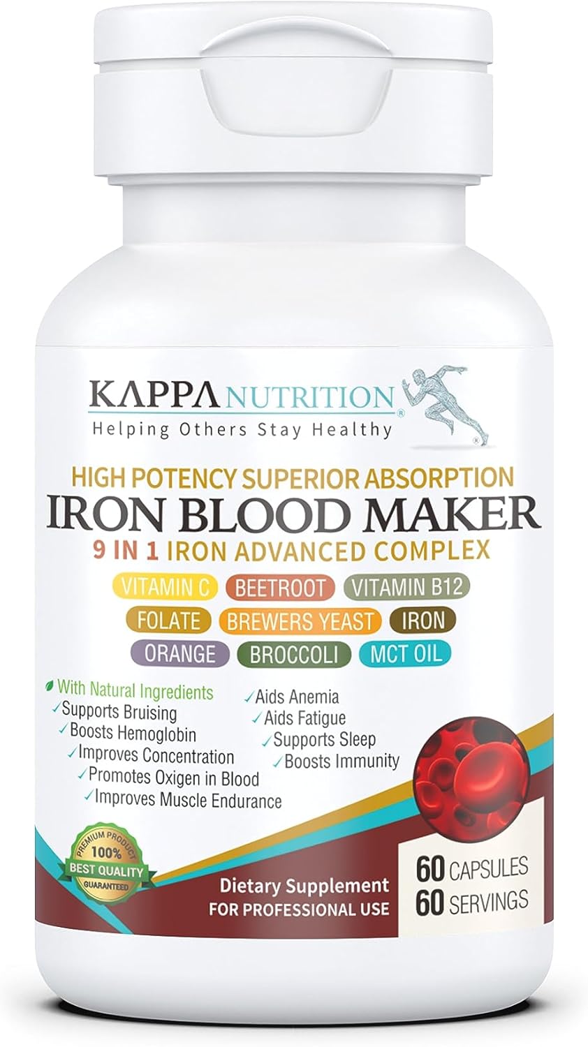 KAPPA NUTRITION Iron 26mg, Vitamin C & Orange 150mg, Folate 667mcg DFE, Vitamin B12, Beetroot, Brewers Yeast, Broccoli & MCT Oil 9 in 1 Advanced Complex (60 Capsules)
