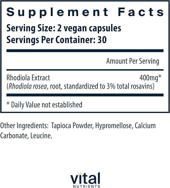 Vital Nutrients Rhodiola Rosea | Rhodiola Supplement for Healthy Energy, Memory, and Stress Support | Gluten, Dairy, Soy Free | Non-GMO | 60 Capsules