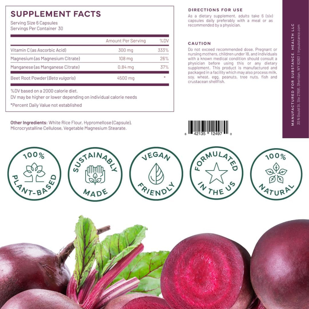 SUBSTANCE. Beetroot Boost Capsules - 4500mg per Serving, 30 Days Beet Root Capsules Supply – Beets Supplement with Vitamin-C & Manganese – Natural Nitric Oxide & Energy Booster Beet Root Powder – USA