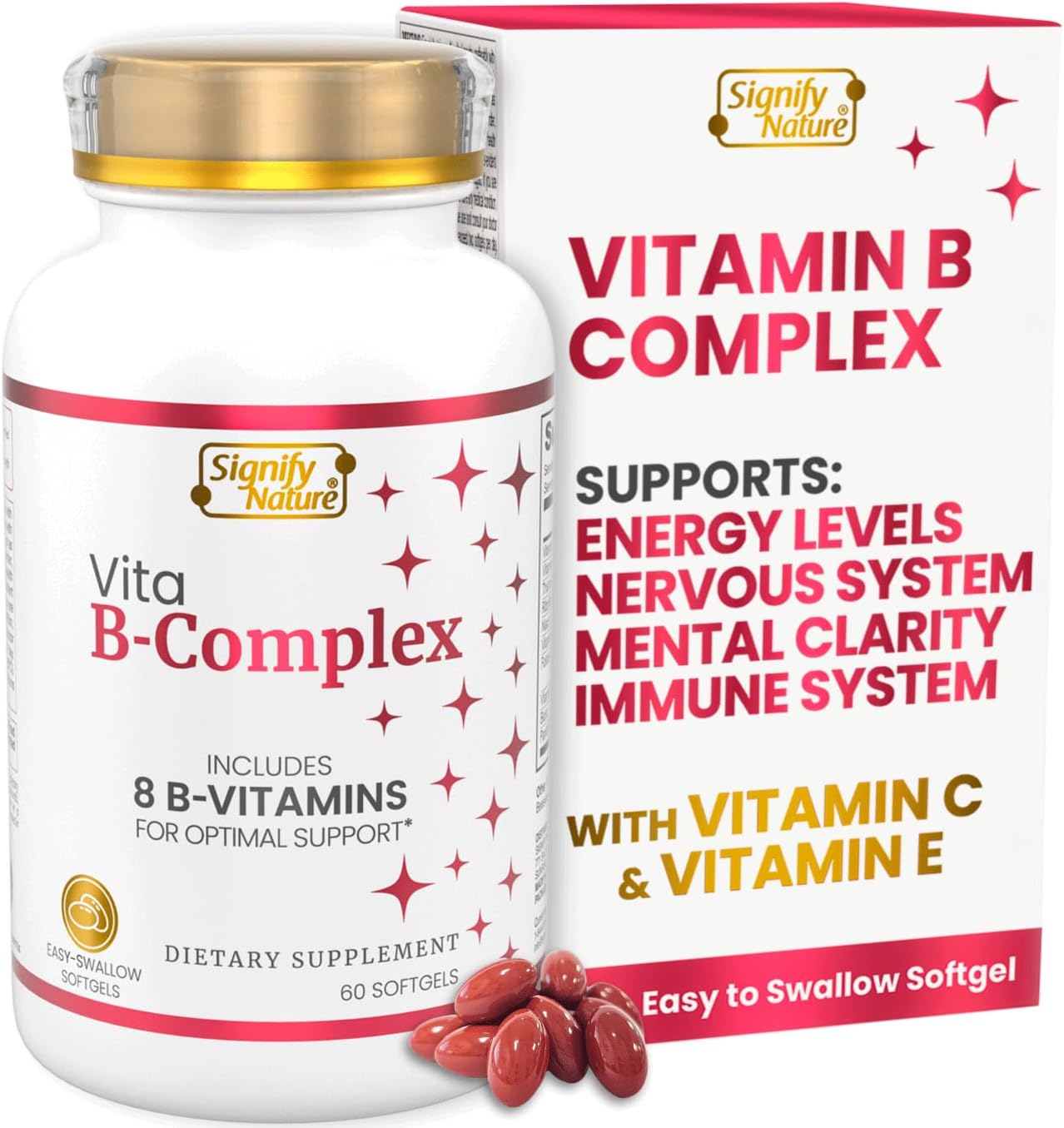 SIGNIFY NATURE VitaBComplex with Vitamin C and E, B Complex Vitamins for Women & Men, BComplex Supplements, VIT B1, B2, B3, B5, B6, B8, B9, B12, Super B Softgels - 60 CT