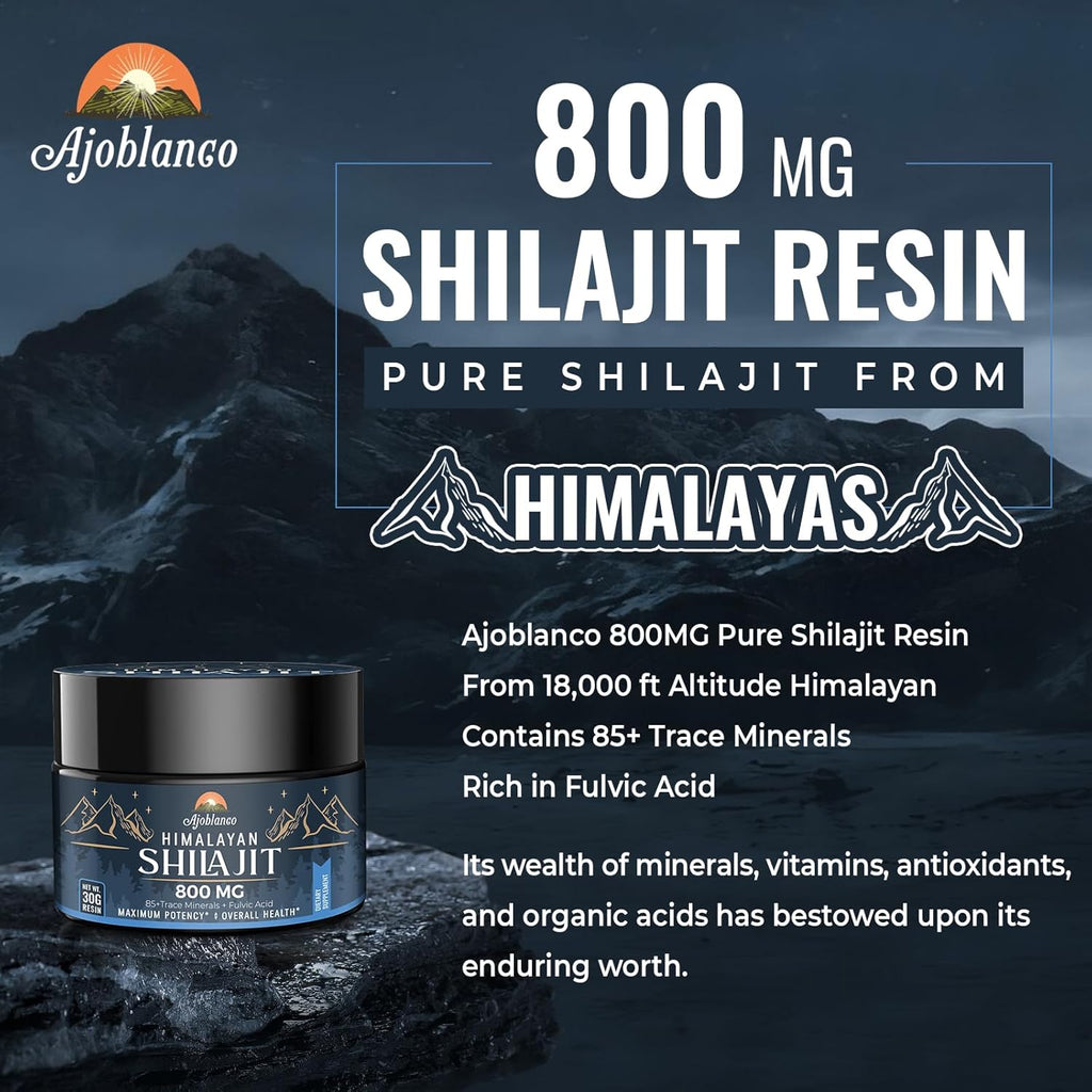 Ajoblanco 800 Mg Himalayan Shilajit Resin, Shilajit Pure Himalayan Organic, Shilajit Supplement with Purity, High Dosage & Potency for Energy, Strength & Immunity, Men & Women, 30 Grams