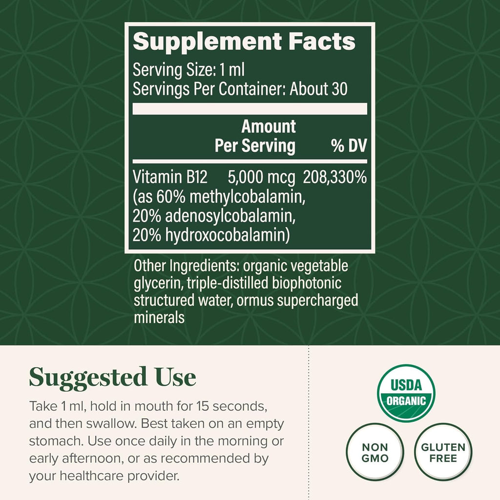 Global Healing Center - Vitamin B12 Sublingual 5000 MCG Organic Liquid Supplement, Methylcobalamin, Adenosylcobalamin, Hydroxo Long-Lasting Energy and Healthy Metabolism - Vegan B12 Vitamins (1 Oz)