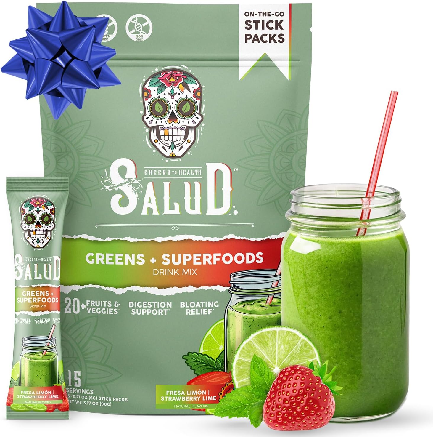 Salud 2-in-1 Greens Powder + Superfood Drink Mix Packets, 20+ Fruits and Veggies, Probiotics, Prebiotics, Supports Digestive Health, Bloating Relief, Vegan, Strawberry Lime (15 Servings)