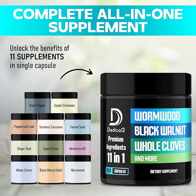 11in1 Wormwood Capsules - 180 Capsules Extracted from Black Walnut, Cloves, Ginger, Turmeric, Apple, Berberine HCl & More - Support Immune System for 3 Months
