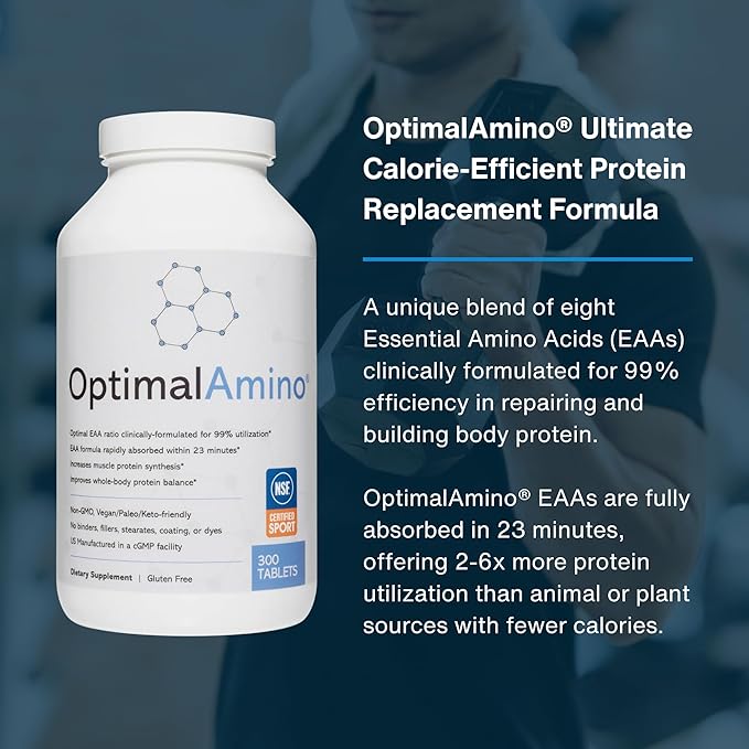 OptimalAmino Tablets Fitness Bundle (600 Count) | 99% Utilized Essential Amino Acid (EAA) Supplement | Increase Muscle Recovery, BCAA Protein Pre/Post Workout, NSF Certified for Sport® Certified