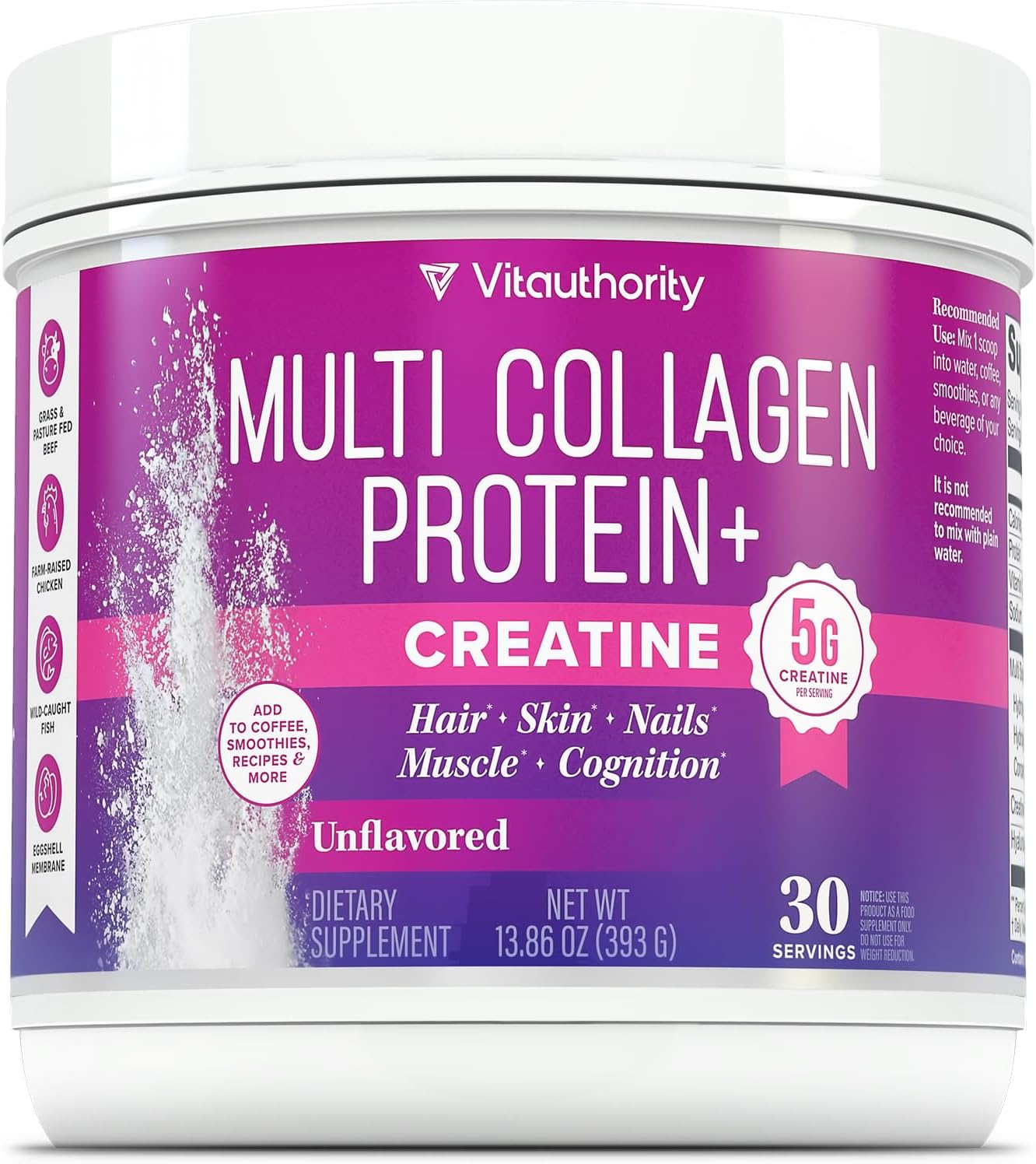 Multi Collagen Protein + Creatine | 5g Creatine Monohydrate with Collagen Types I, II, III, V & X | Hair, Skin, Nail, Muscle & Performance Support | Vitamin C & Hyaluronic Acid, 30 Servings Unflavored