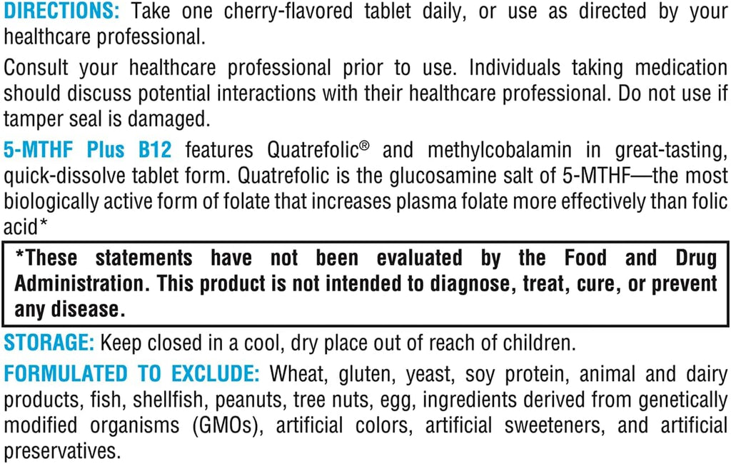 XYMOGEN 5-MTHF Plus B12 - Biologically Active L Methylfolate Supplement - Support Methylation & Nervous System Health - Great-Tasting Cherry Flavor (30 Quick-Dissolve Tablets)