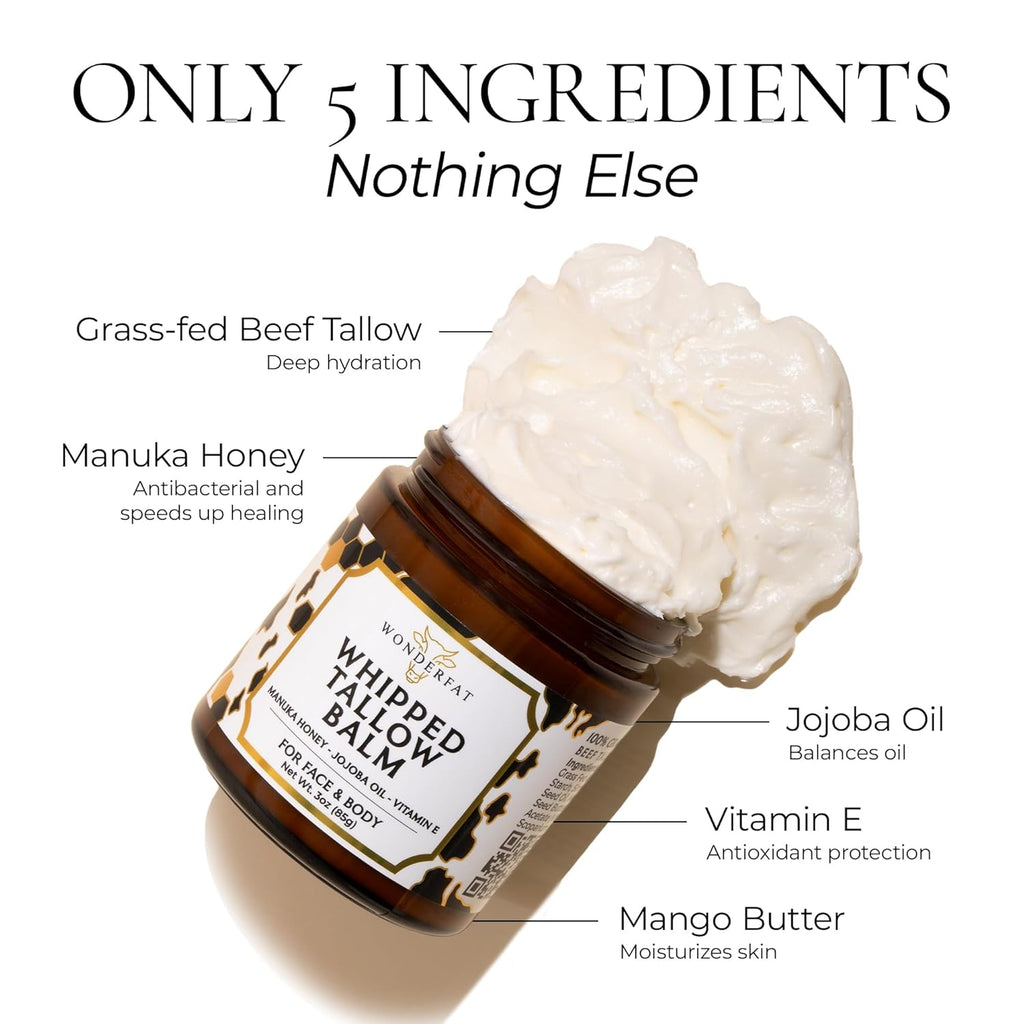 Grass-Fed Whipped Tallow Balm – Face & Body Moisturizer with Manuka Honey – Lightweight, Fast-Absorbing Hydration for Dry, Sensitive Skin – Unscented, Clean Formula – 3 oz