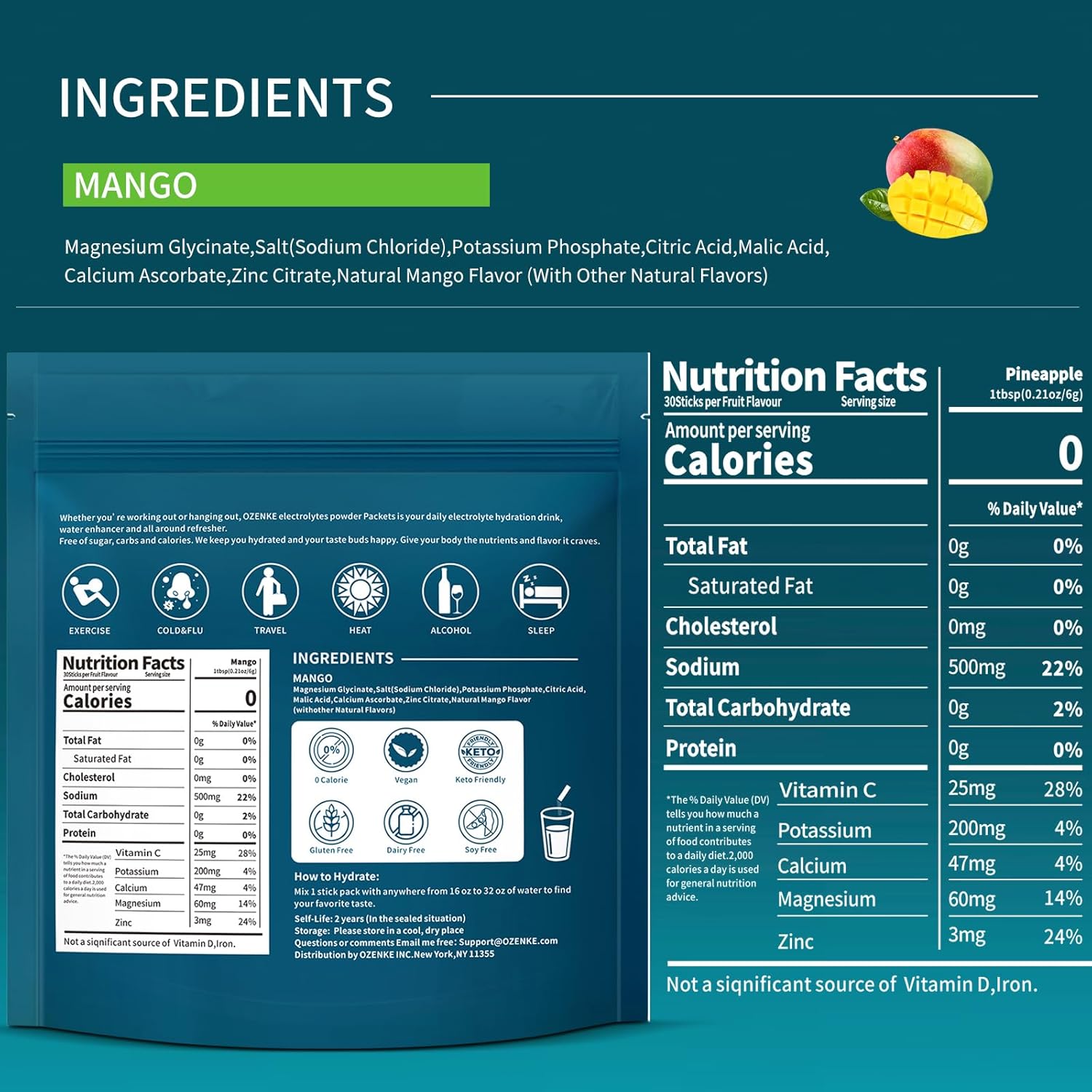 Electrolytes Powder Packets, 30 Sticks Hydration Packets Sugar Free, Electrolyte Drink Mix Portable Electrolyte Packets for Rapid Hydration, 0 Sugar & 0 Calorie, Mango Flavor