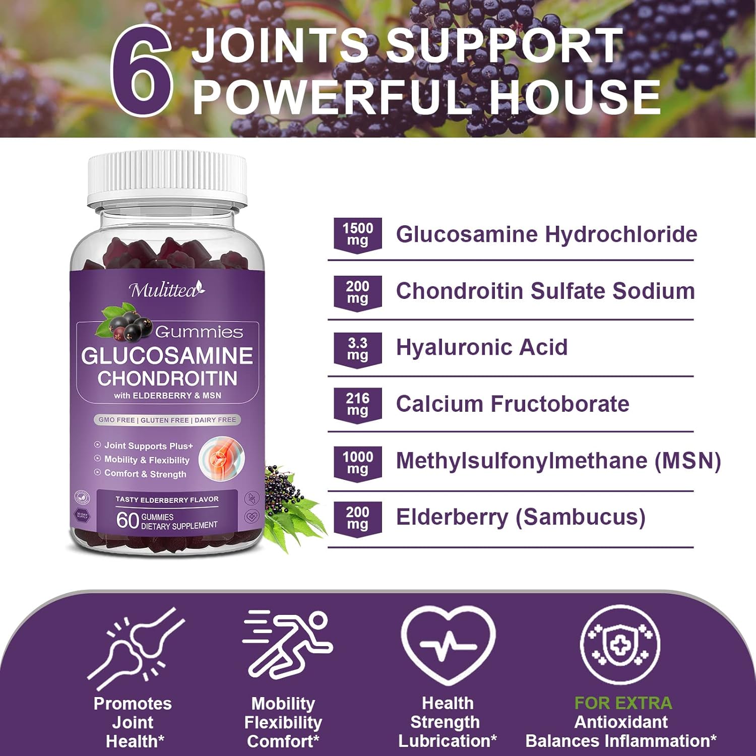 Mulittea Glucosamine Chondroitin Gummies - Extra Strength Joint Support Supplement with MSM & Elderberry for Natural Joint, Antioxidant Immune Support for Adults, Men & Women-(3 Pack)